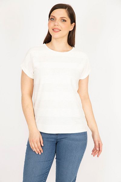 Şans Women's Bone Plus Size Self Patterned Double Sleeve Blouse 65n36184