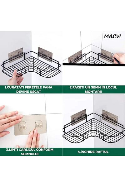 MACVI Suport de dus triunghiular Macvi®, montaj pe perete, organizator baie si bucatarie, instalare usoara