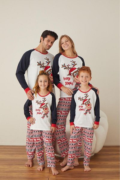 Intisimo Men's Pajamas, Christmas Theme, Merry Xmas!, Reindeer, Cotton, White/Red/Navy - 2XL