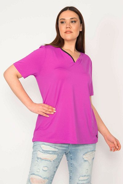 Şans Women's Purple Large Size Single Collar Piping Sports Blouse 65n35619