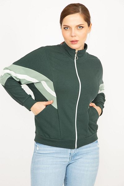 Şans Women's Colorful Large Size 2 Thread Fabric Front Zipper and Stripe Detailed Sweatshirt 65n35299