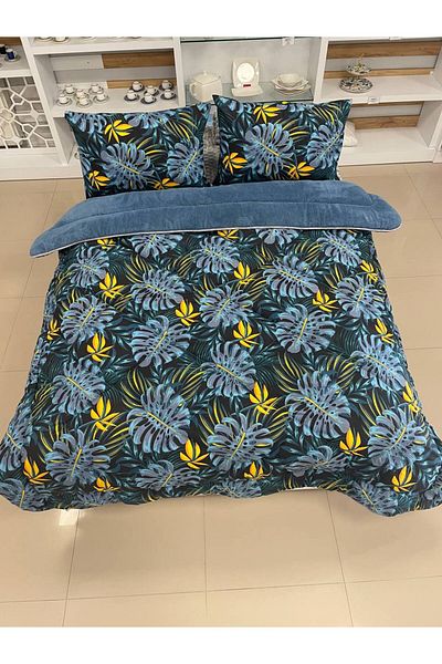 Sudemhome لحاف مزدوج من الصوف الناعم الفاخر من Welsoft Elite وغطاء وسادة Monestera Indigo