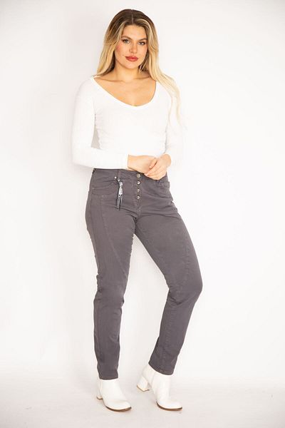 Şans Women's Large Size Smoked Lycra Gabardine Fabric Cup Detailed Buttoned Trousers 65n35262
