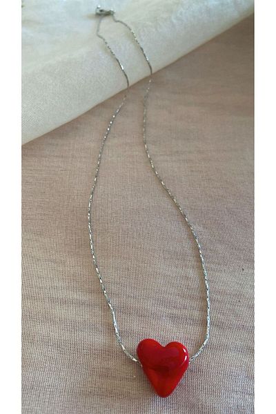 BAE ATOLYE Murano Red Glass Heart Silver Chain Necklace