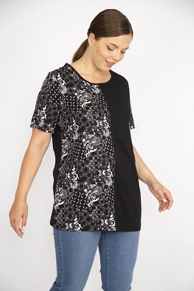 Şans Women's Black Plus Size Cotton Fabric Pattern Combination Blouse 65n36664