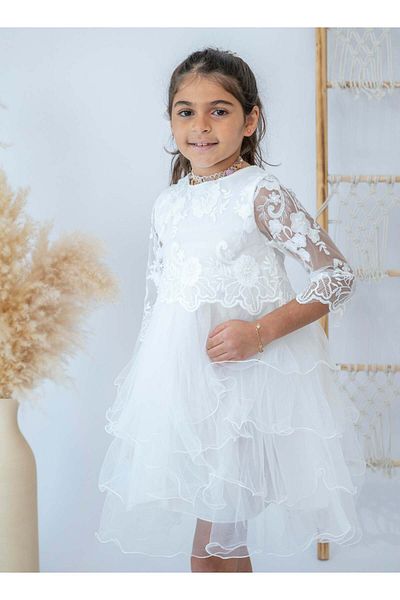 Stayele White Floral Lace Girls Dress