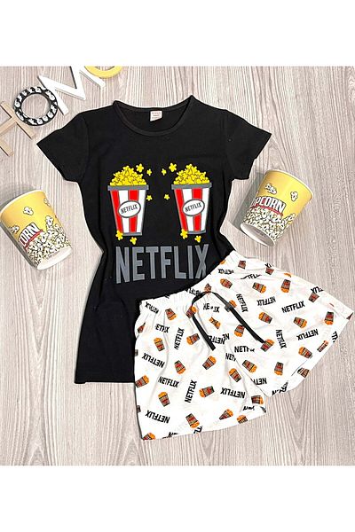 Intisimo Pijamale pentru femei, tricou scurt, Netflix, 100% bumbac, negru/alb - XL
