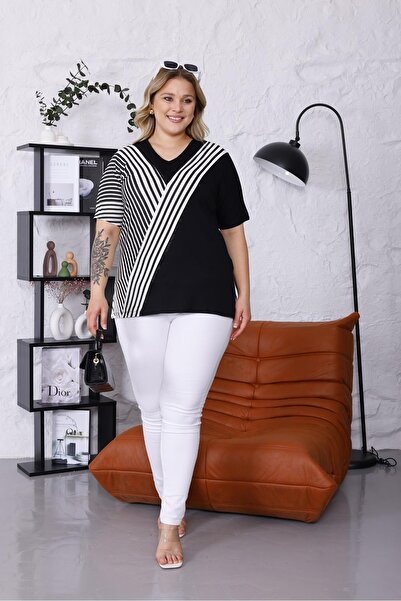 Siyezen Plus Size Striped Stone Blouse