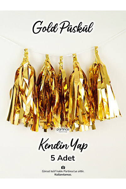 partince 5'li Gold Kendin Yap Püskül Zinciri Parti Süsü Doğum Günü Seti