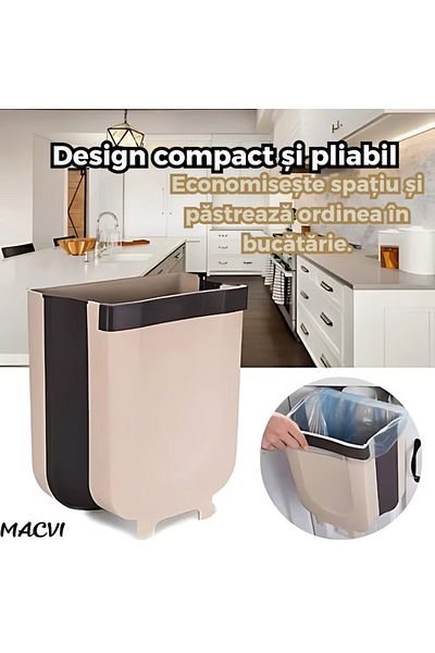 MACVI Cos gunoi pliabil Macvi® 30x25 cm crem, agatare pe dulap, pentru bucatarie, montaj fara gaurire