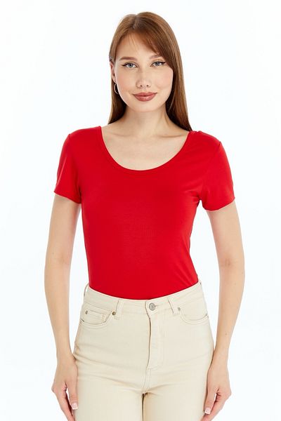 LAENT Women's Red Pool Neck Short Sleeve Blouse