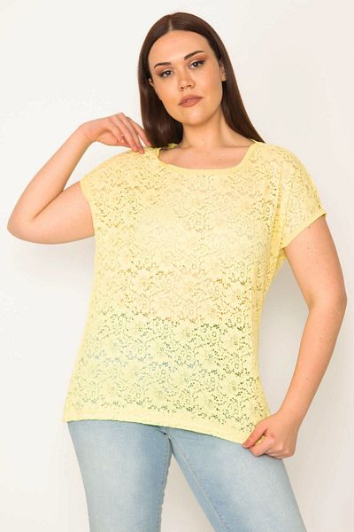 Şans Women's Plus Size Yellow Low Sleeve Lace Blouse 65n28464