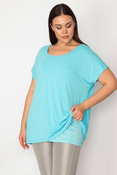 Şans بلوزة نسائية ذات أكمام منخفضة مخططة باللون الأزرق مقاس كبير 65n30685