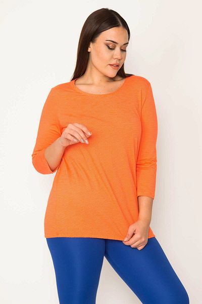 Şans Women's Large Size Orange Thin Striped Blouse with Elastic Hem 65n30693