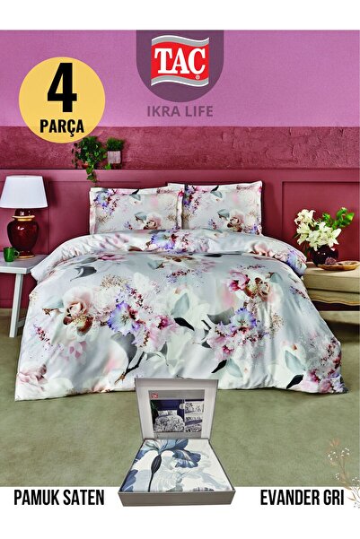 Taç Evander gri Pamuk Saten Çift Kişilik Nevresim Takımı