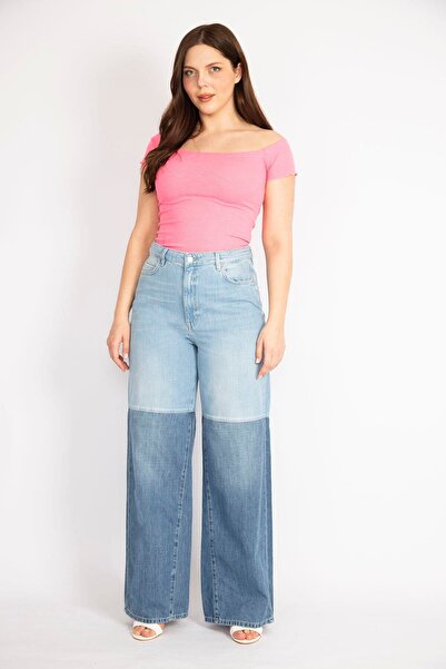 Şans Kadın Mavi Büyük Beden Renk Detaylı Geniş Paça Kot Pantolon 65n36264