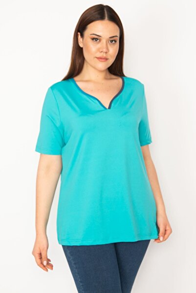Şans Women's Turquoise Plus Size Collared Sport Blouse 65n35618