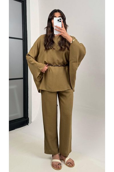 My Blog Khaki Beaded Belted Cape Suit - 8693