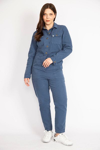 Şans Women's Indigo Large Size Front Buttoned Gabardine Jumpsuit 65n36260