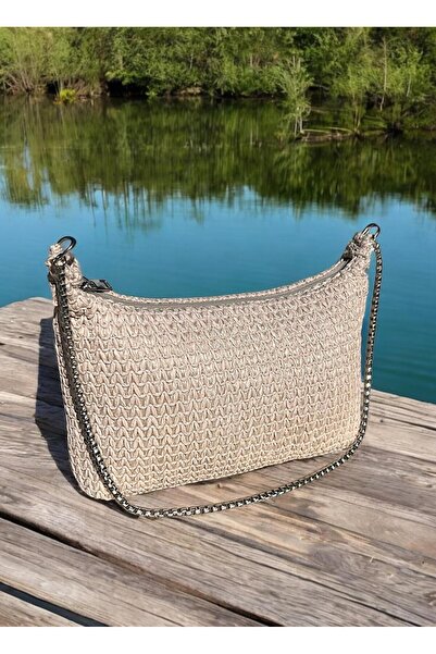 Katusa Жіноча сумка з плетеного рогожа кремового кольору з срібним ланцюжком, ручна та через плече