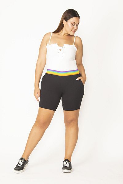 Şans Women's Large Size Black Cotton Fabric Waist Colored Elastic Pocket Shorts 65N36780