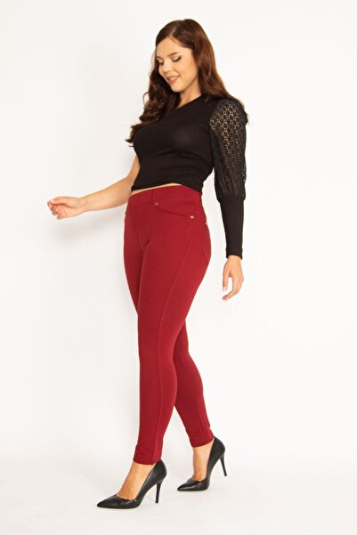 Şans Women's Large Size Claret Red Leggings with Front Ornamental Pocket and Back Pocket 65n34862