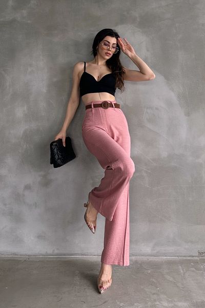 Fav Style Women's High Waist Belted Pipe Leg Linen Trousers Powder Pink