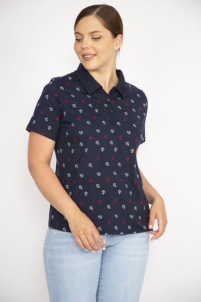 Şans Women's Navy Blue Large Size Cotton Fabric Marine Pattern Polo Collar Short Sleeve Plus Size Blouse 65n36646