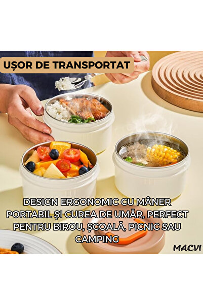 MACVI Macvi® 304 stainless steel thermal casserole, 2.3L, 3 compartments, leak-proof, with cutlery included, Black