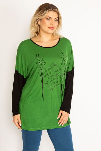 Şans Women's Large Size Green Front Printed Two Color Tunic 65n29492
