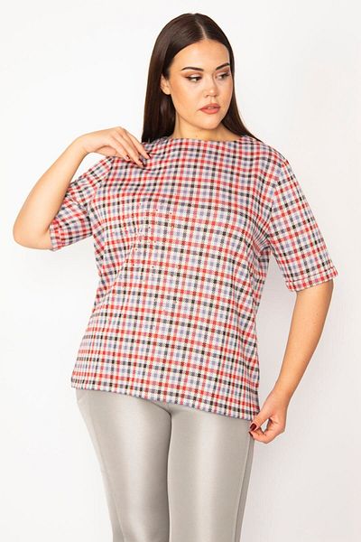 Şans Women's Large Size Red Plaid Patterned Stone Double Sleeve Tunic 65n29287