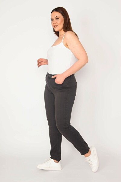 Şans Women's Large Size Anthracite 5 Pocket Lycra Jean Trousers 65n33011