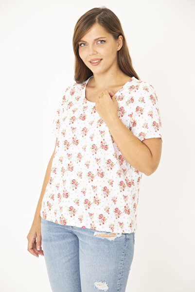 Şans Women's Large Size Bone Cotton Fabric Crew Neck Patterned Blouse 65N36922