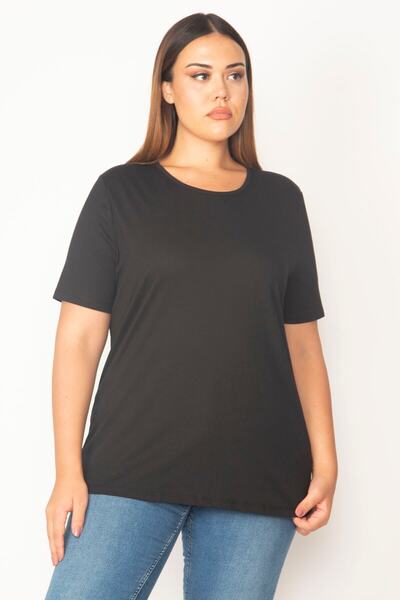 Şans Women's Large Size Black Cotton Fabric Crew Neck Short Sleeve Blouse 65n29545
