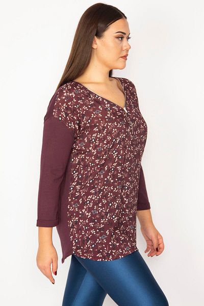 Şans Women's Large Size Plum Front Patterned Zipper Placket Capri Sleeve Blouse 65n34386