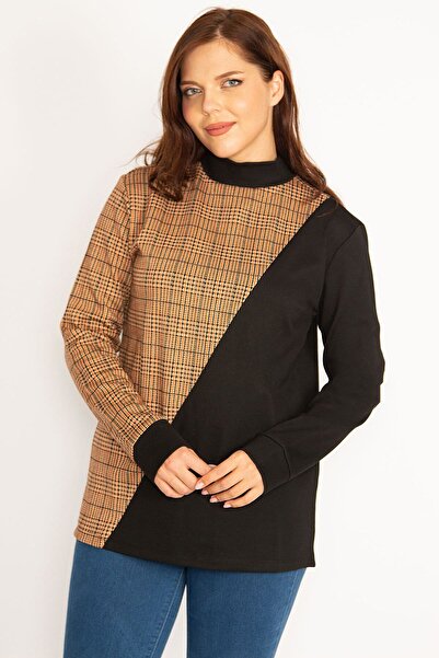 Şans Women's Large Size Brown Plaid Sweatshirt 65n34755