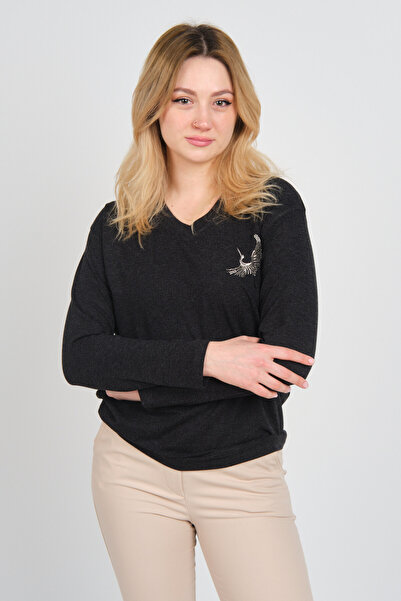 Sistas Women's Long Sleeve V-Neck Embroidery Detailed Blouse 4565 Anthracite