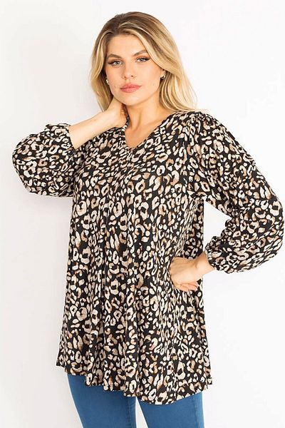 Şans Women's Large Size Black Chest Pleated Relaxed Cut Tunic 65n35004