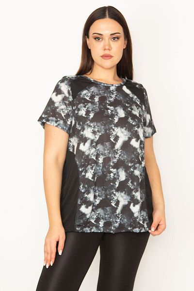 Şans Women's Large Size Black Shoulder and Side Cups Garnished Sports Blouse 65n30806
