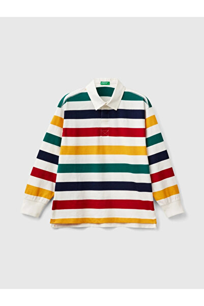 Benetton Boy's Striped Polo Sweatshirt 6-14 Years - Ecru