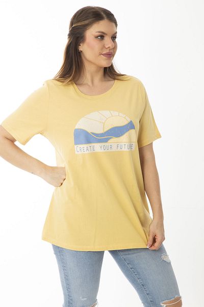 Şans Women's Large Size Yellow Cotton Fabric Front Printed Blouse 65N37097