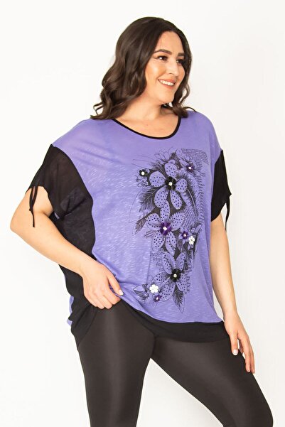 Şans Women's Large Size Lilac Stone and Print Detailed Sleeve Laced Two Color Tunic 65n29494