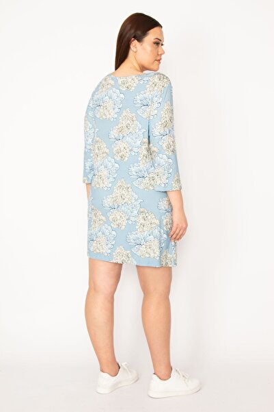 Şans Жіноча туніка великого розміру з синім декольте та збірками 65n32937