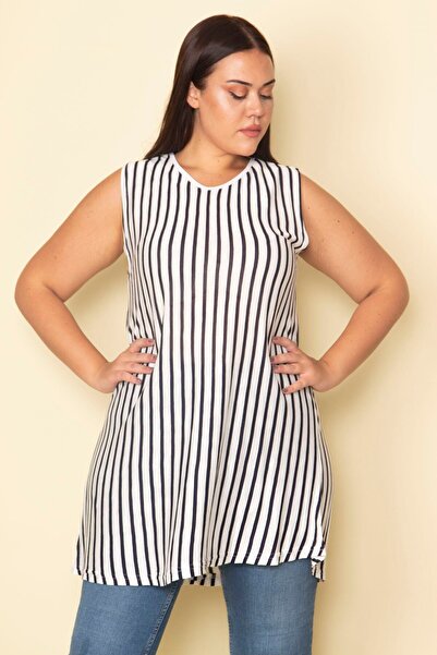 Şans Női nagy méretű csontos V-nyakú csíkos blúz 65n29940