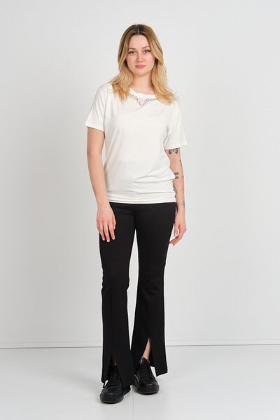 Sistas Women's Short Sleeve Blouse with Shiny Stone Decoration on the Collar 24281 Ecru