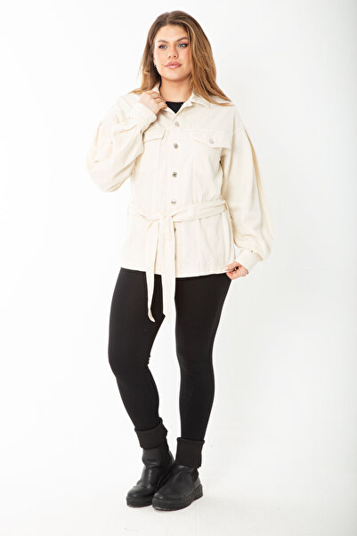 Şans Tekstil Women's Bone Metal Buttoned Belted Denim Coat 65N37385