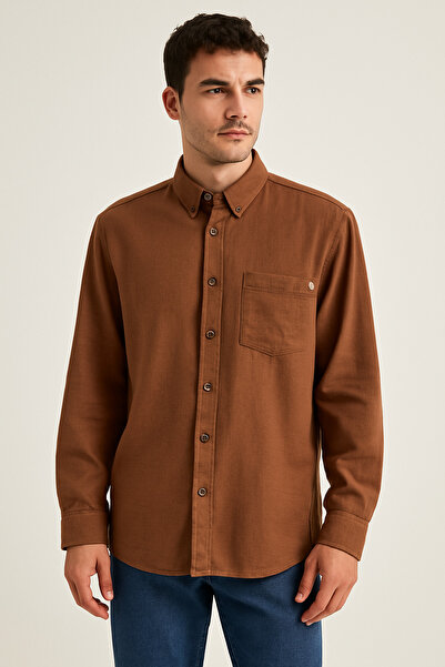 FATELLA Men's Tan Comfortable Fit Long Sleeve Buttoned Pocket Shirt