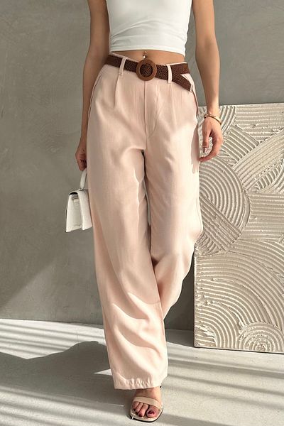 Fav Style Women's High Waist Belted Pipe Leg Linen Trousers Light Beige