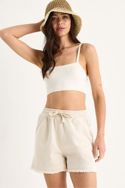 Bianco Lucci Women's Elastic Waist Pocket Detailed High Waist Leg Tasseled Short Linen Shorts Yp5322 60283389