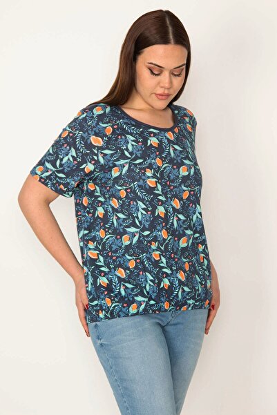 Şans Γυναικεία μπλούζα μεγάλου μεγέθους Navy Blue από βαμβακερό ύφασμα Crew λαιμόκοψη με floral σχέδιο με ελαστικό στρίφωμα